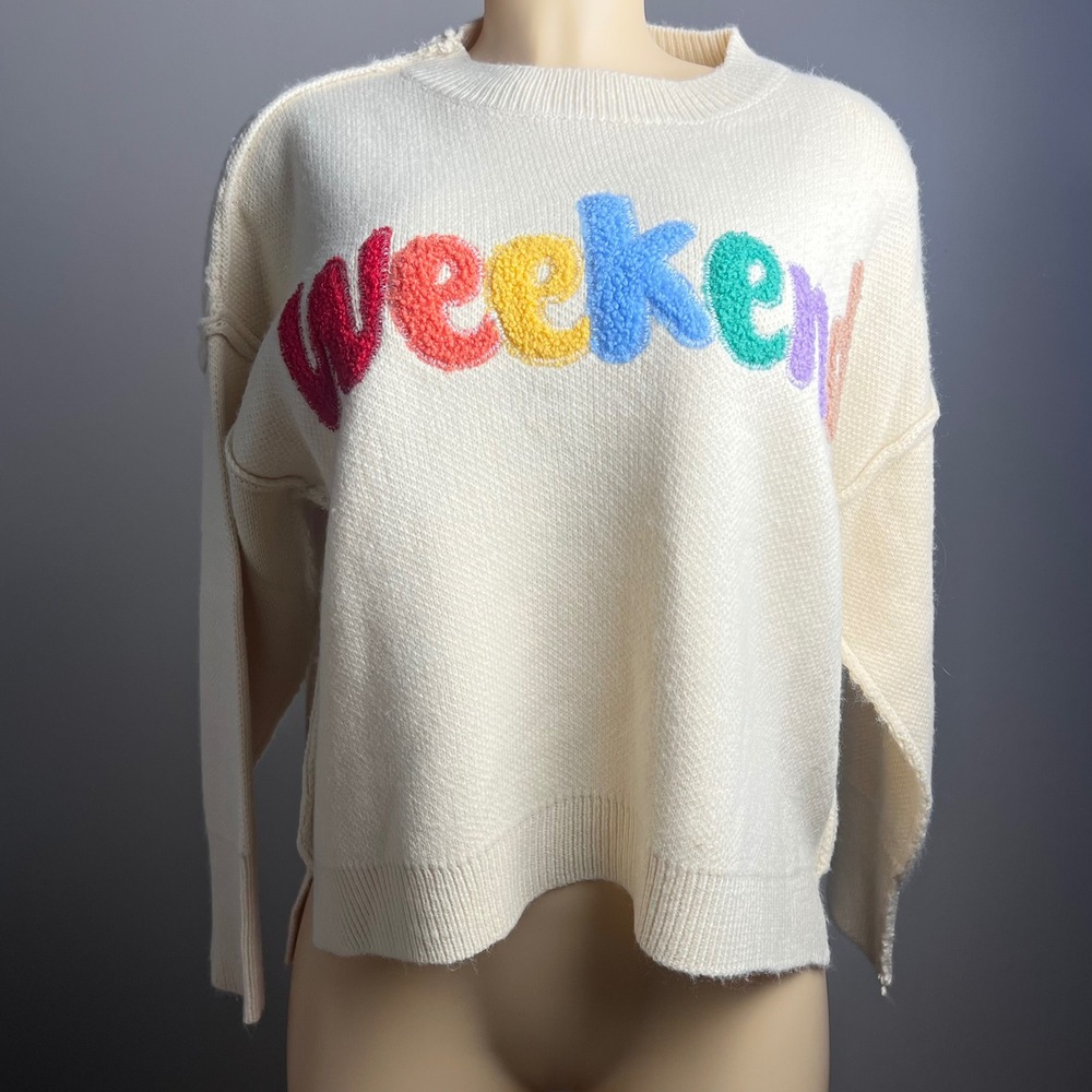 Newbury Kustom Weekend Sweater‎ Womens S Rainbow Chenille Patch Cream Pullover